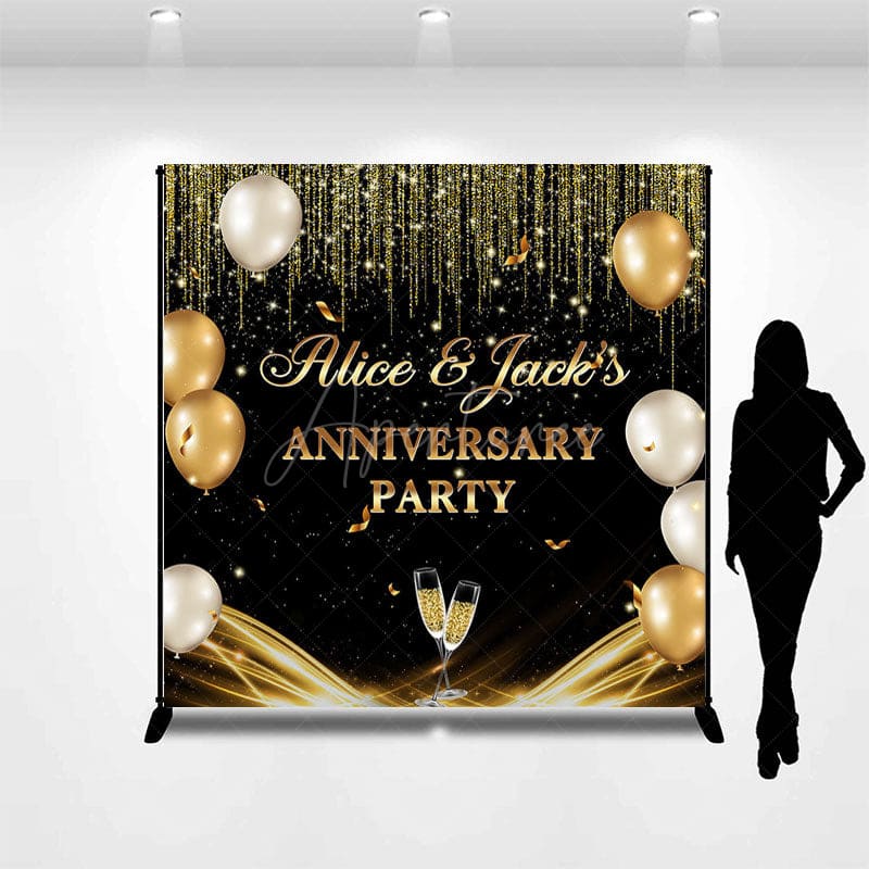 Aperturee - Aperturee Black Gold Balloons Custom Name Anniversary Backdrop