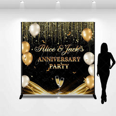 Aperturee - Aperturee Black Gold Balloons Custom Name Anniversary Backdrop