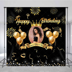 Aperturee - Aperturee Black Gold Balloons Custom Photo Birthday Backdrop