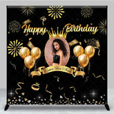 Aperturee - Aperturee Black Gold Balloons Custom Photo Birthday Backdrop