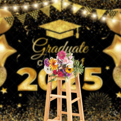 Aperturee - Aperturee Black Gold Balloons Glitter Congrats Grad Backdrop