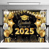 Aperturee - Aperturee Black Gold Balloons Glitter Congrats Grad Backdrop