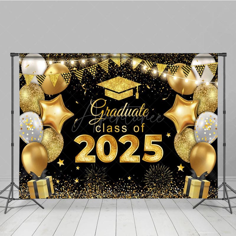 Aperturee - Aperturee Black Gold Balloons Glitter Congrats Grad Backdrop