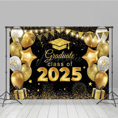 Aperturee - Aperturee Black Gold Balloons Glitter Congrats Grad Backdrop