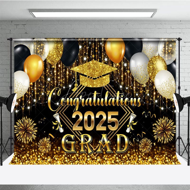 Aperturee - Aperturee Black Gold Balloons Glorious Congrats Grad Backdrop