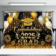 Aperturee - Aperturee Black Gold Balloons Glorious Congrats Grad Backdrop