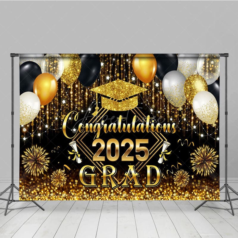 Aperturee - Aperturee Black Gold Balloons Glorious Congrats Grad Backdrop