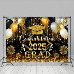 Aperturee - Aperturee Black Gold Balloons Glorious Congrats Grad Backdrop