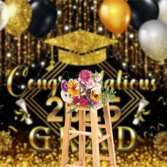 Aperturee - Aperturee Black Gold Balloons Glorious Congrats Grad Backdrop
