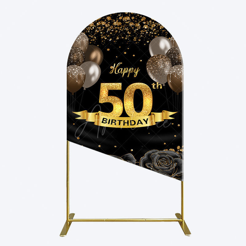 Aperturee - Aperturee Black Gold Balloons Rose 50th Birthday Arch Backdrop