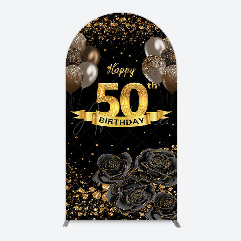 Aperturee - Aperturee Black Gold Balloons Rose 50th Birthday Arch Backdrop