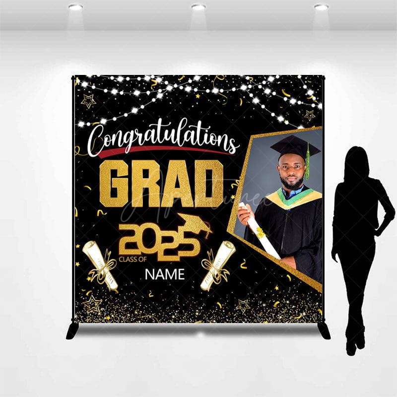 Aperturee - Aperturee Black Gold Congrats Grad Custom Photo Name Backdrop