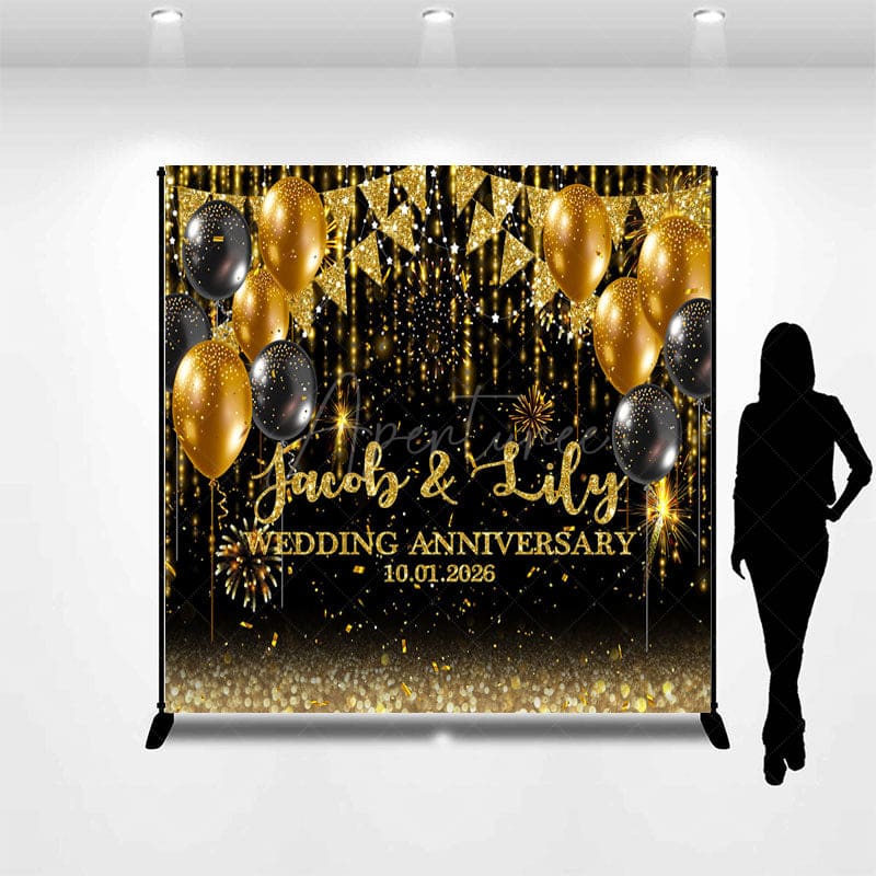 Aperturee - Aperturee Black Gold Custom Name Wedding Anniversary Backdrop