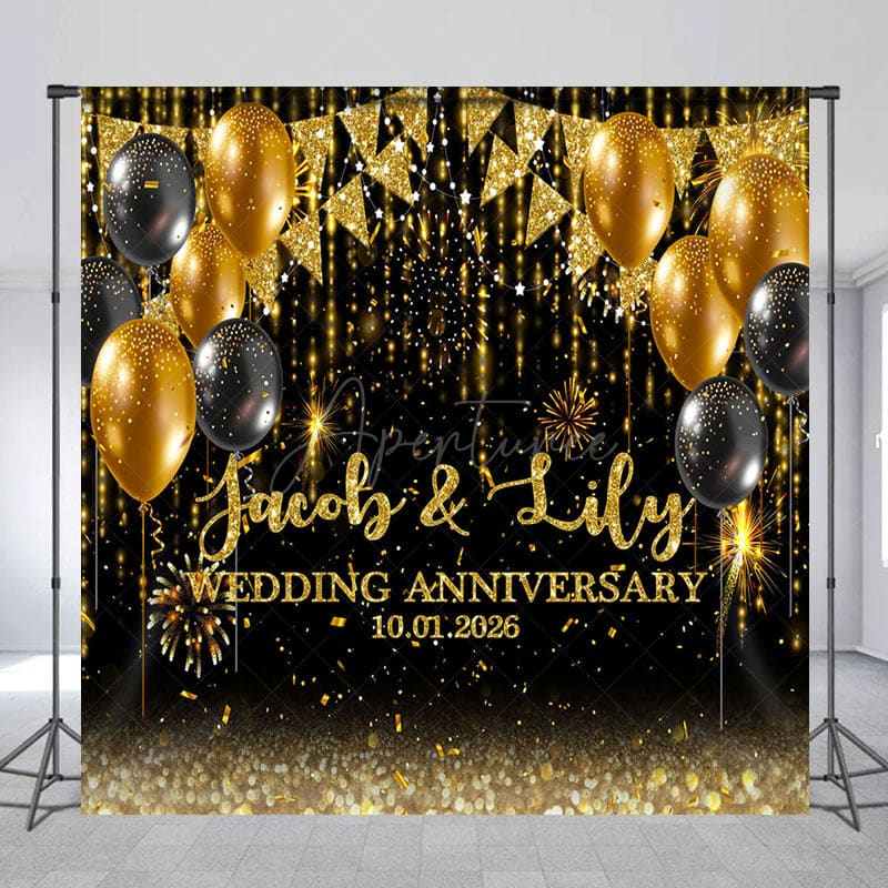 Aperturee - Aperturee Black Gold Custom Name Wedding Anniversary Backdrop