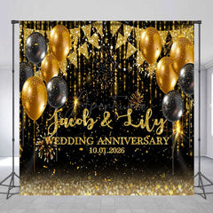 Aperturee - Aperturee Black Gold Custom Name Wedding Anniversary Backdrop