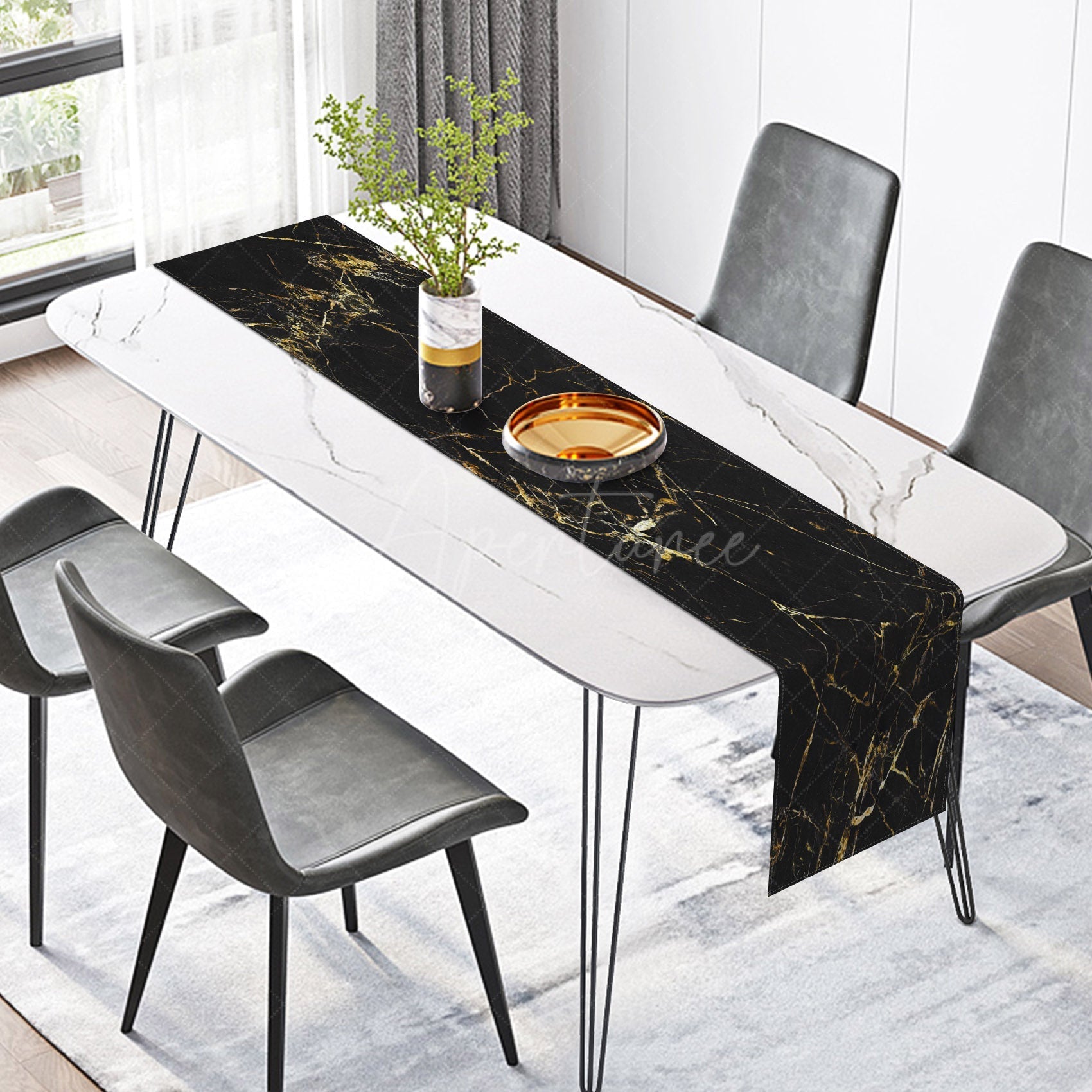 Aperturee - Aperturee Black Gold Gilt Abstarct Marble Texture Table Runner