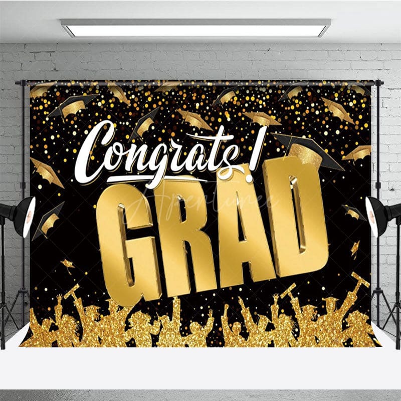 Aperturee - Aperturee Black Gold Glitter Bachelor Cap Graduation Backdrop