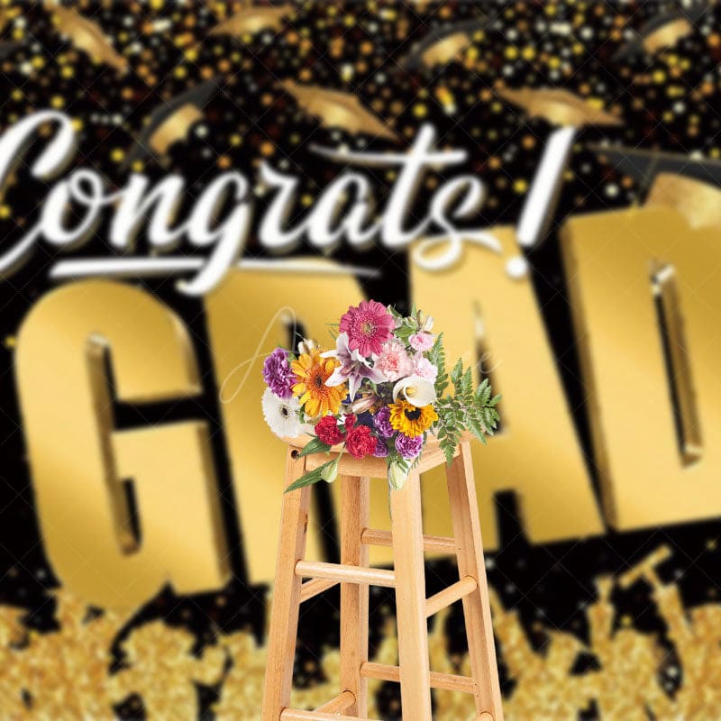 Aperturee - Aperturee Black Gold Glitter Bachelor Cap Graduation Backdrop