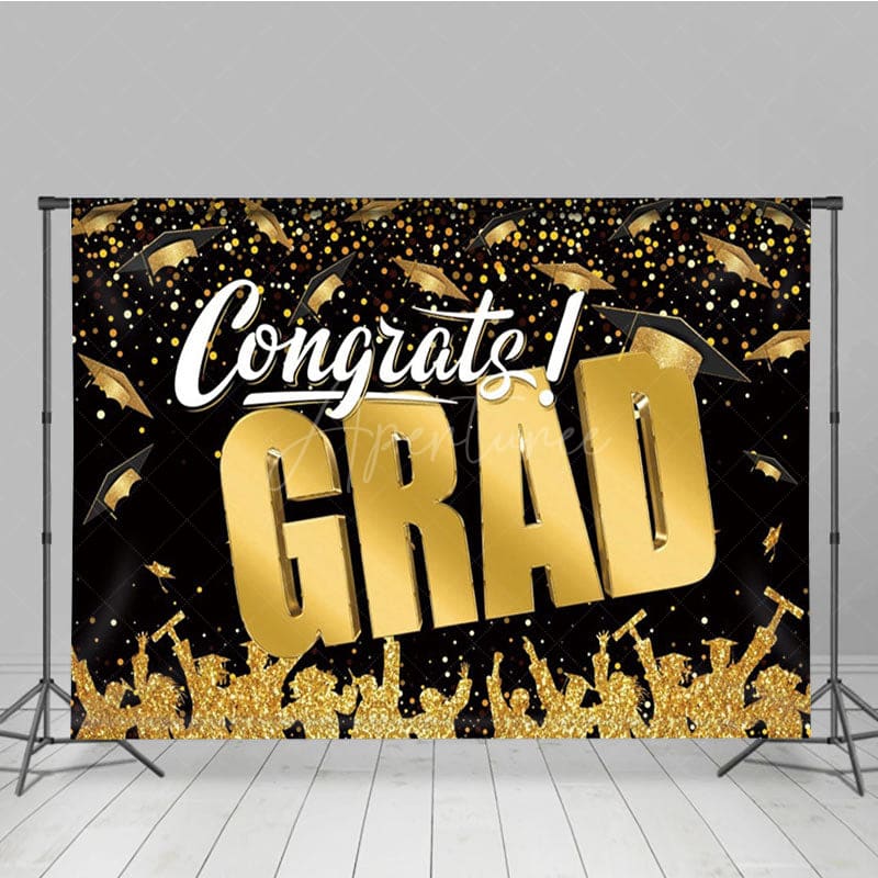 Aperturee - Aperturee Black Gold Glitter Bachelor Cap Graduation Backdrop