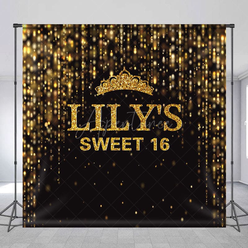 Aperturee - Aperturee Black Gold Glitter Crown Custom Sweet 16 Backdrop