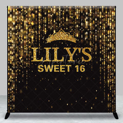 Aperturee - Aperturee Black Gold Glitter Crown Custom Sweet 16 Backdrop