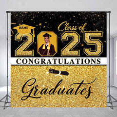 Aperturee - Aperturee Black Gold Glitter Custom Name Photo Grad Backdrop