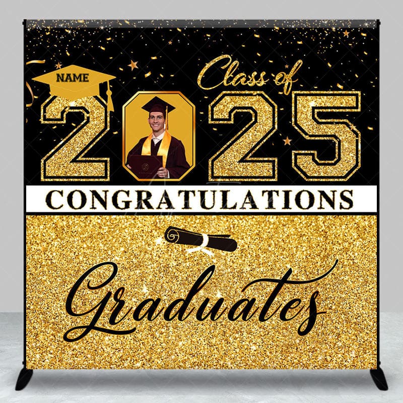 Aperturee - Aperturee Black Gold Glitter Custom Name Photo Grad Backdrop