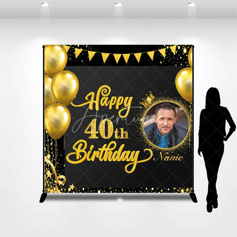 Aperturee - Aperturee Black Gold Glitter Happy 40th Birthday Custom Photo Backdrop with Balloons and Crown Personalized Name Party Decor