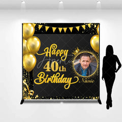 Aperturee - Aperturee Black Gold Glitter Happy 40th Birthday Custom Photo Backdrop with Balloons and Crown Personalized Name Party Decor