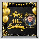 Aperturee - Aperturee Black Gold Glitter Happy 40th Birthday Custom Photo Backdrop with Balloons and Crown Personalized Name Party Decor
