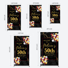 Aperturee - Aperturee Black Gold Marble Balloon 50th Birthday Rectangle Backdrop