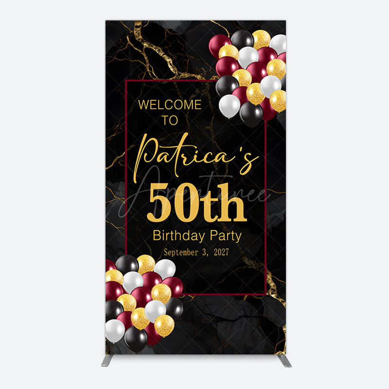 Aperturee - Aperturee Black Gold Marble Balloon 50th Birthday Rectangle Backdrop