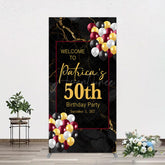 Aperturee - Aperturee Black Gold Marble Balloon 50th Birthday Rectangle Backdrop