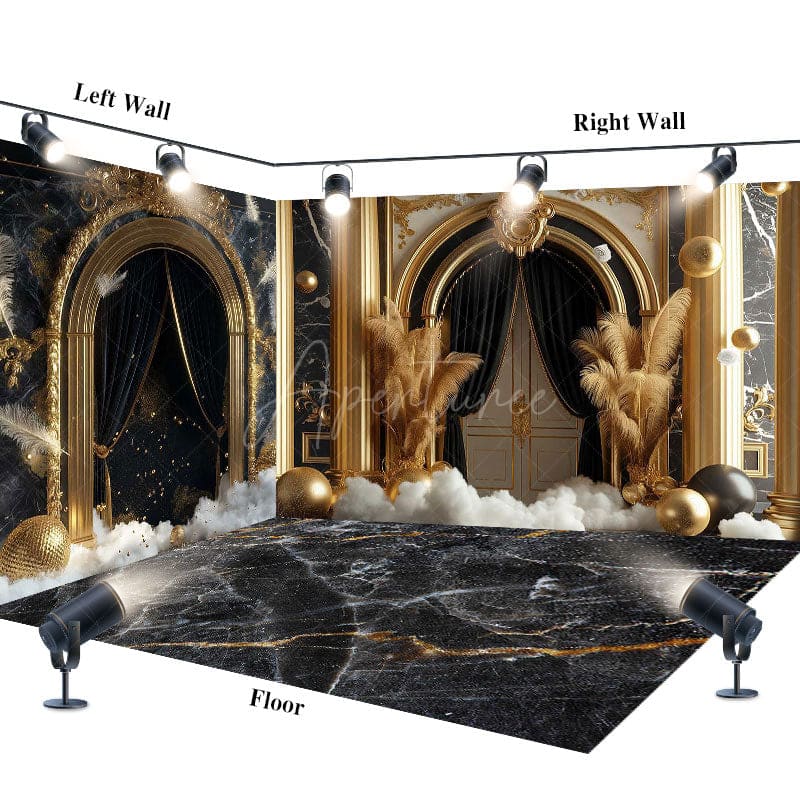 Aperturee - Aperturee Black Gold Marble Luxury Boho Palace Room Set Backdrop
