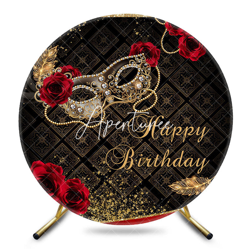 Aperturee - Aperturee Black Gold Mask Masquerade Round Birthday Backdrop