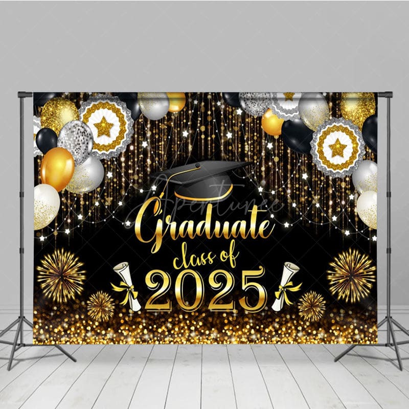Aperturee - Aperturee Black Gold Sparkle Balloons Cheers Graduation Backdrop