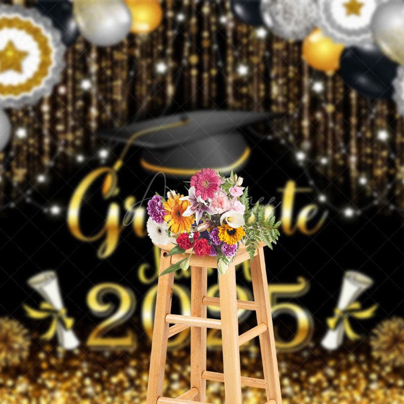 Aperturee - Aperturee Black Gold Sparkle Balloons Cheers Graduation Backdrop