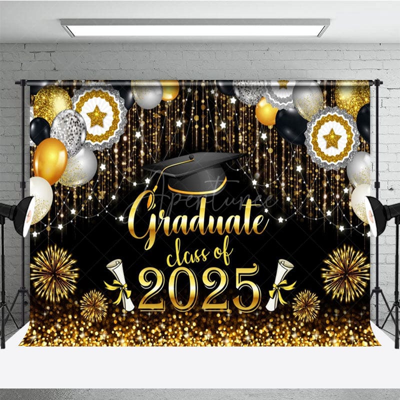 Aperturee - Aperturee Black Gold Sparkle Balloons Cheers Graduation Backdrop