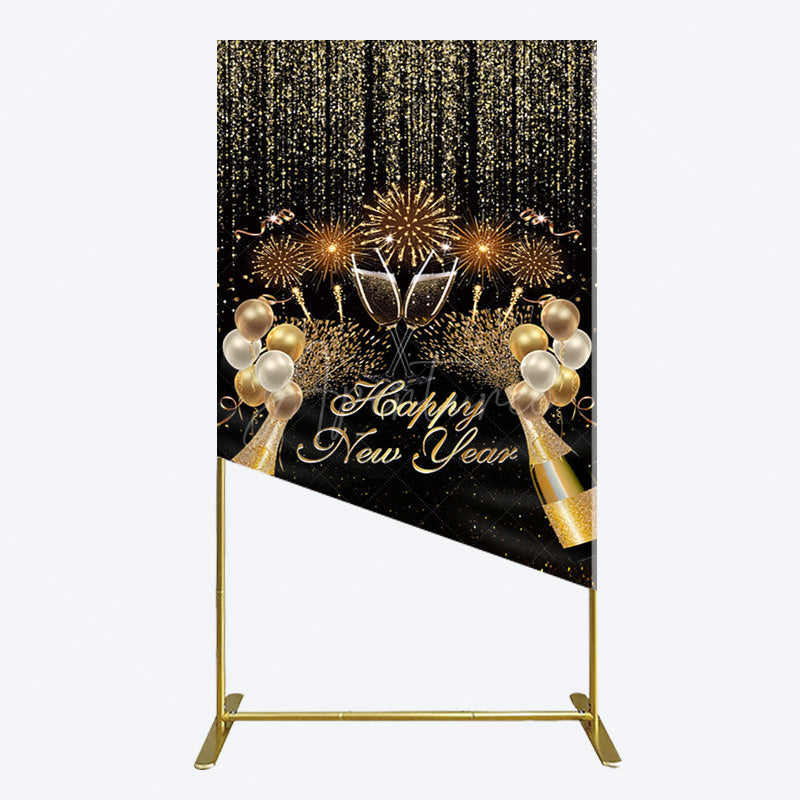Aperturee - Aperturee Black Gold Sparkle Balloons New Year Rectangle Backdrop