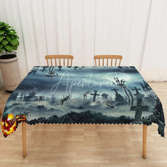 Aperturee - Aperturee Black Halloween Graveyard Rectangle Tablecloth for Dark and Spooky Haunted Cemetery Party Decor