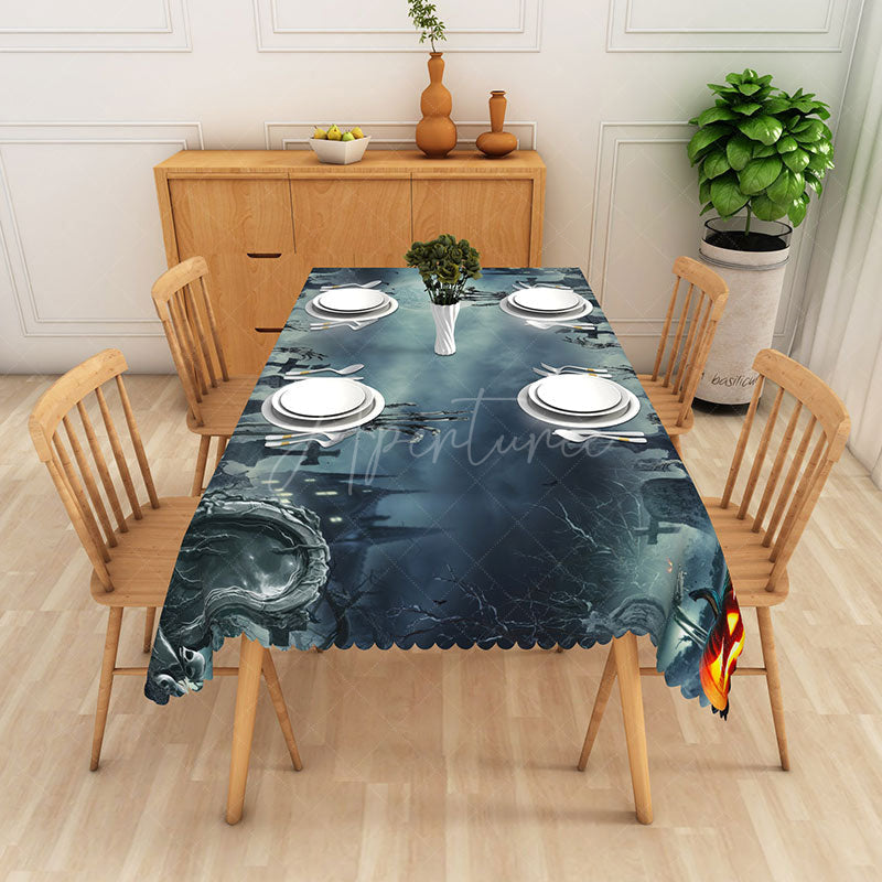 Aperturee - Aperturee Black Halloween Graveyard Rectangle Tablecloth for Dark and Spooky Haunted Cemetery Party Decor