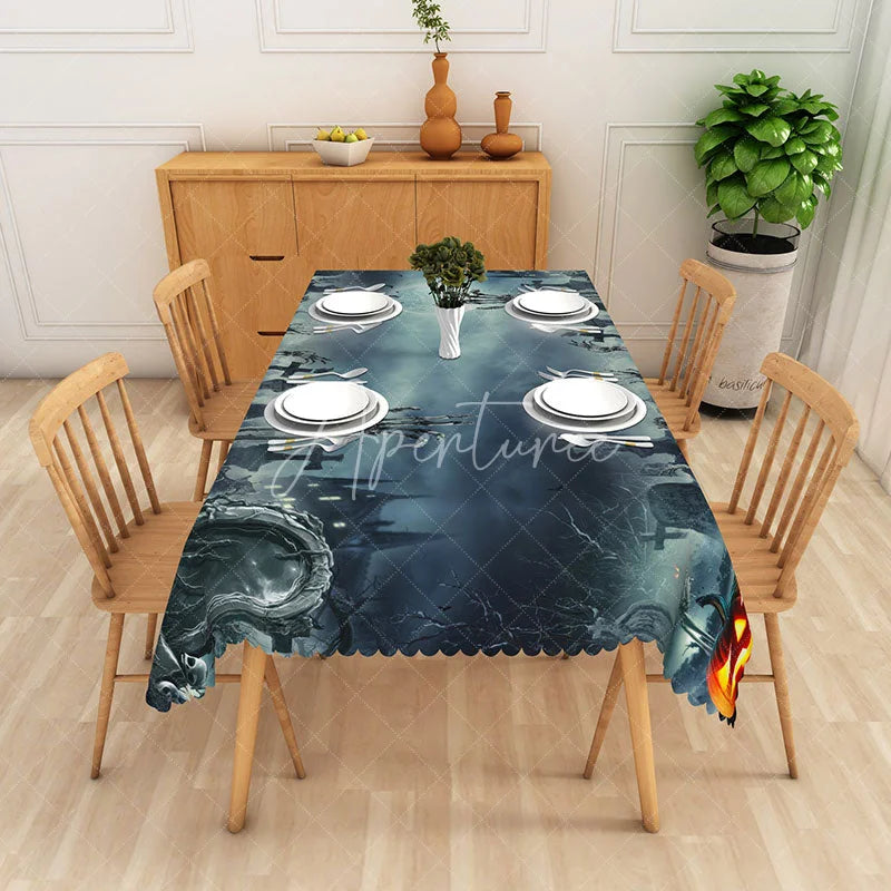 Aperturee - Aperturee Black Halloween Graveyard Rectangle Tablecloth for Dark and Spooky Haunted Cemetery Party Decor