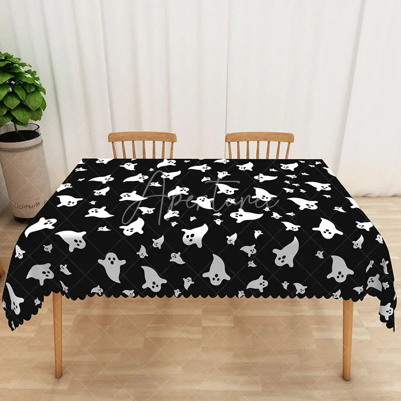 Aperturee - Aperturee Black Halloween Rectangle Tablecloth with Cute Ghost Pattern for Spooky Kids Party and Holiday Decorations