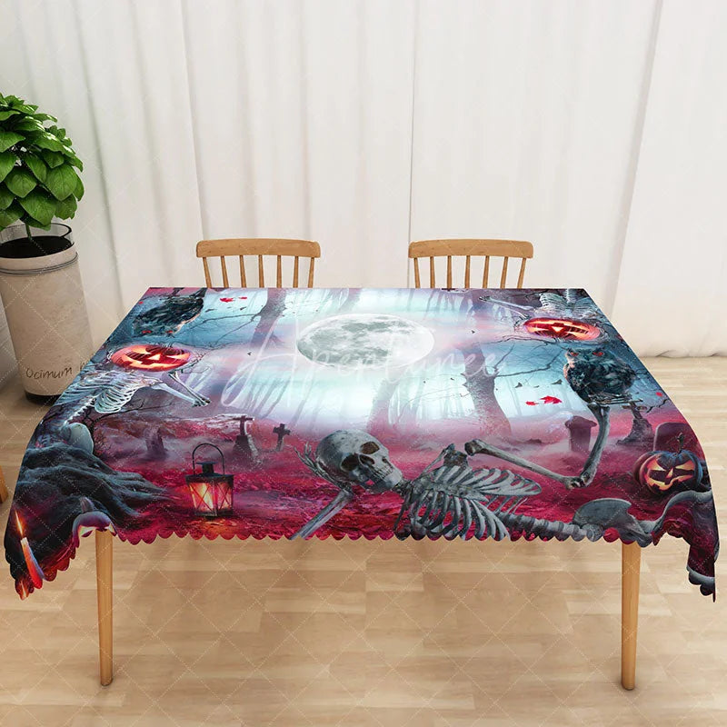Aperturee - Aperturee Black Halloween Rectangle Tablecloth with Graveyard Owl and Jack O’ Lanterns for Spooky Night Decor