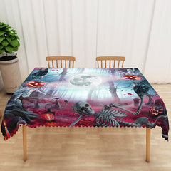 Aperturee - Aperturee Black Halloween Rectangle Tablecloth with Graveyard Owl and Jack O’ Lanterns for Spooky Night Decor