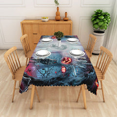Aperturee - Aperturee Black Halloween Rectangle Tablecloth with Graveyard Owl and Jack O’ Lanterns for Spooky Night Decor