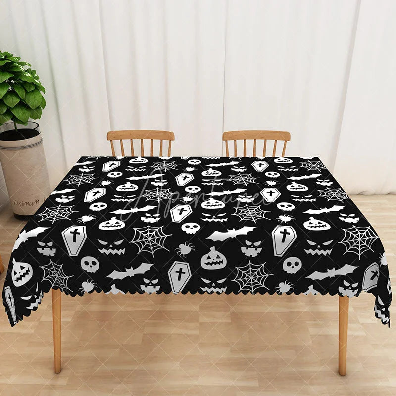 Aperturee - Aperturee Black Halloween Rectangle Tablecloth with Skulls Bats and Ghosts for Spooky and Gothic Party Decor