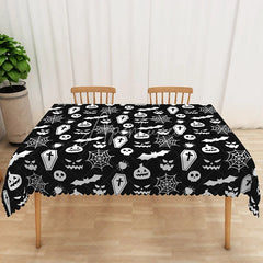Aperturee - Aperturee Black Halloween Rectangle Tablecloth with Skulls Bats and Ghosts for Spooky and Gothic Party Decor