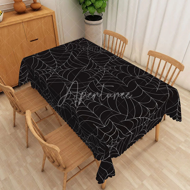 Aperturee - Aperturee Black Halloween Rectangle Tablecloth with Spider Web Pattern for Spooky and Gothic Party Decorations
