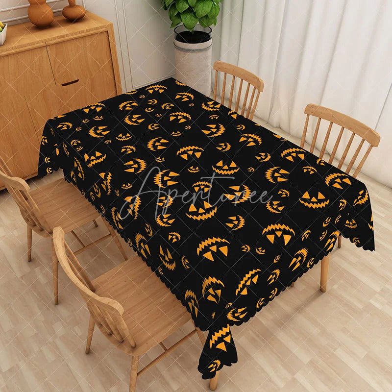 Aperturee - Aperturee Black Halloween Rectangle Tablecloth with Spooky Jack O’ Lantern Face for Holiday Party and Dining Decor